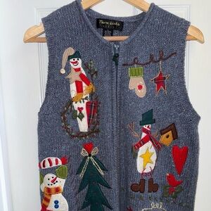 Snowmen Sweater Vest L Zip Front Blue Ugly Christmas Appliqued Theme Works Kikit